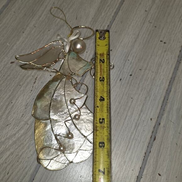 Vtg Capiz Shell Brass Wire & Pearl Angel Playing Harp Ornament Christmas Holiday - Picture 4 of 6
